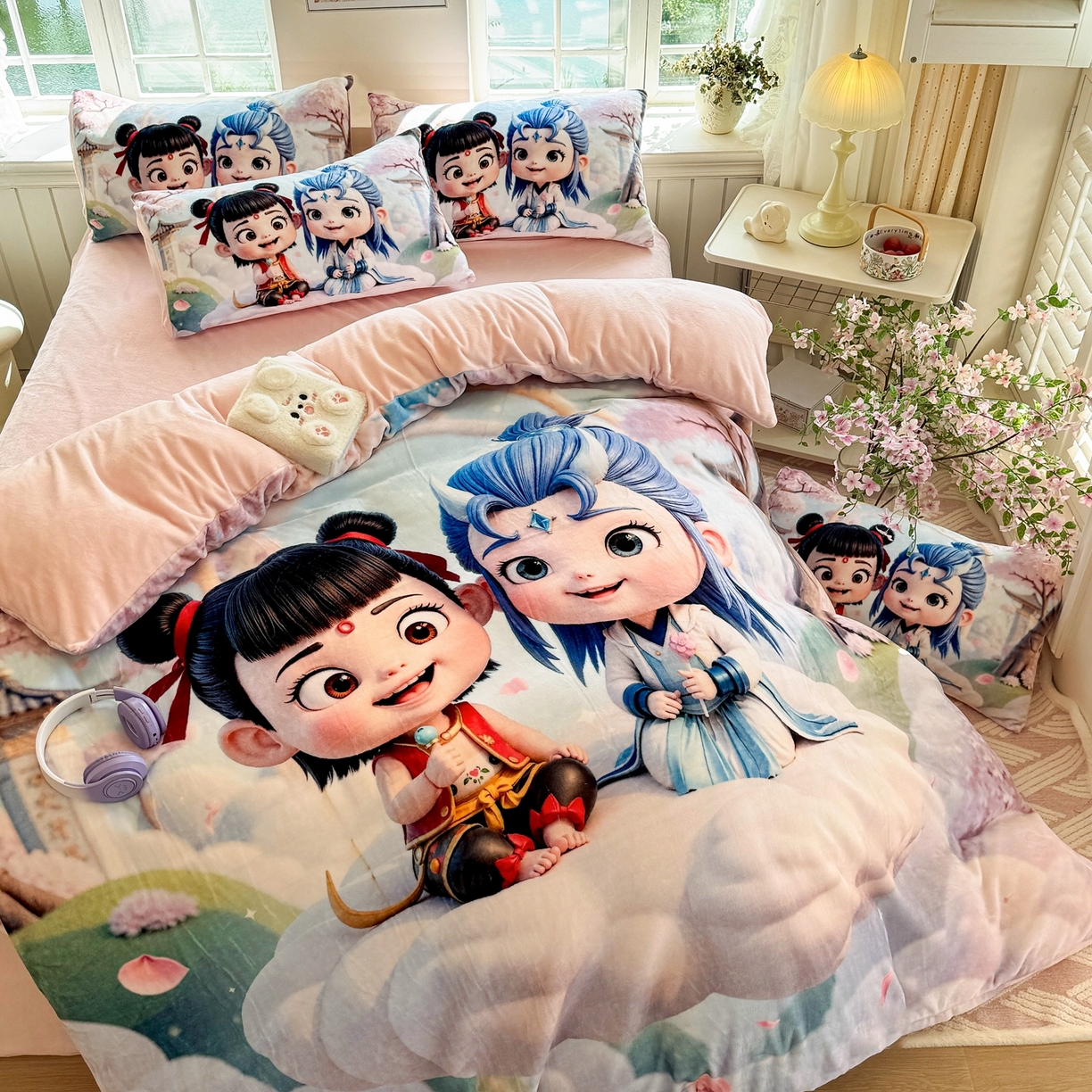 91家纺网 家纺一手货源 找家纺 馨语家居 2025新款直播热款高克重保暖卡通牛奶绒印花四件套 腾云哪吒