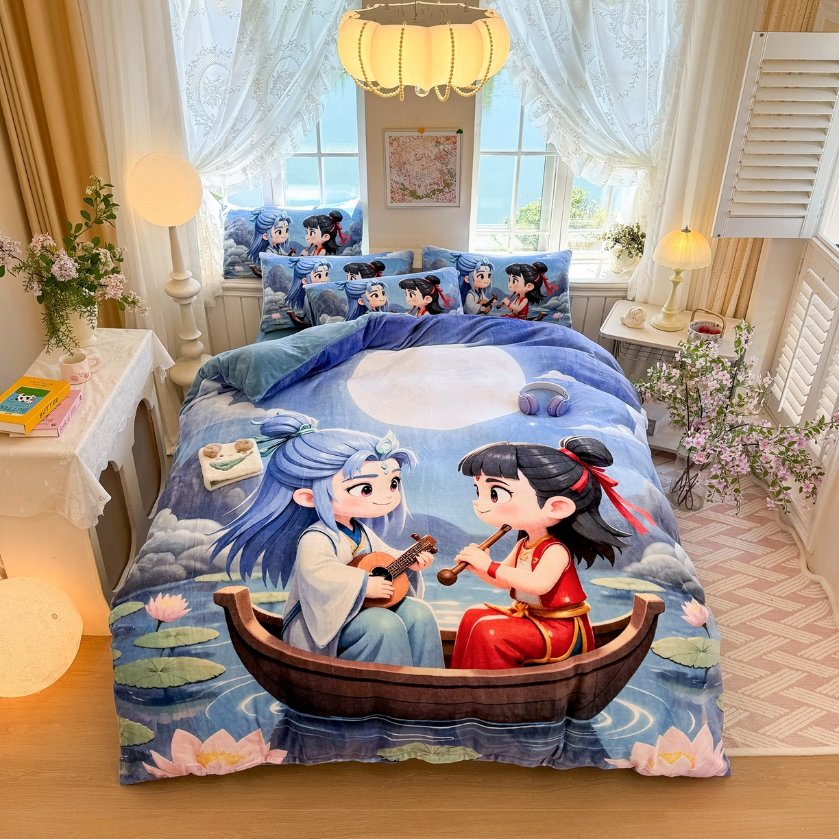 91家纺网 家纺一手货源 找家纺 馨语家居 2025新款直播热款高克重保暖卡通牛奶绒印花四件套 漂流哪吒