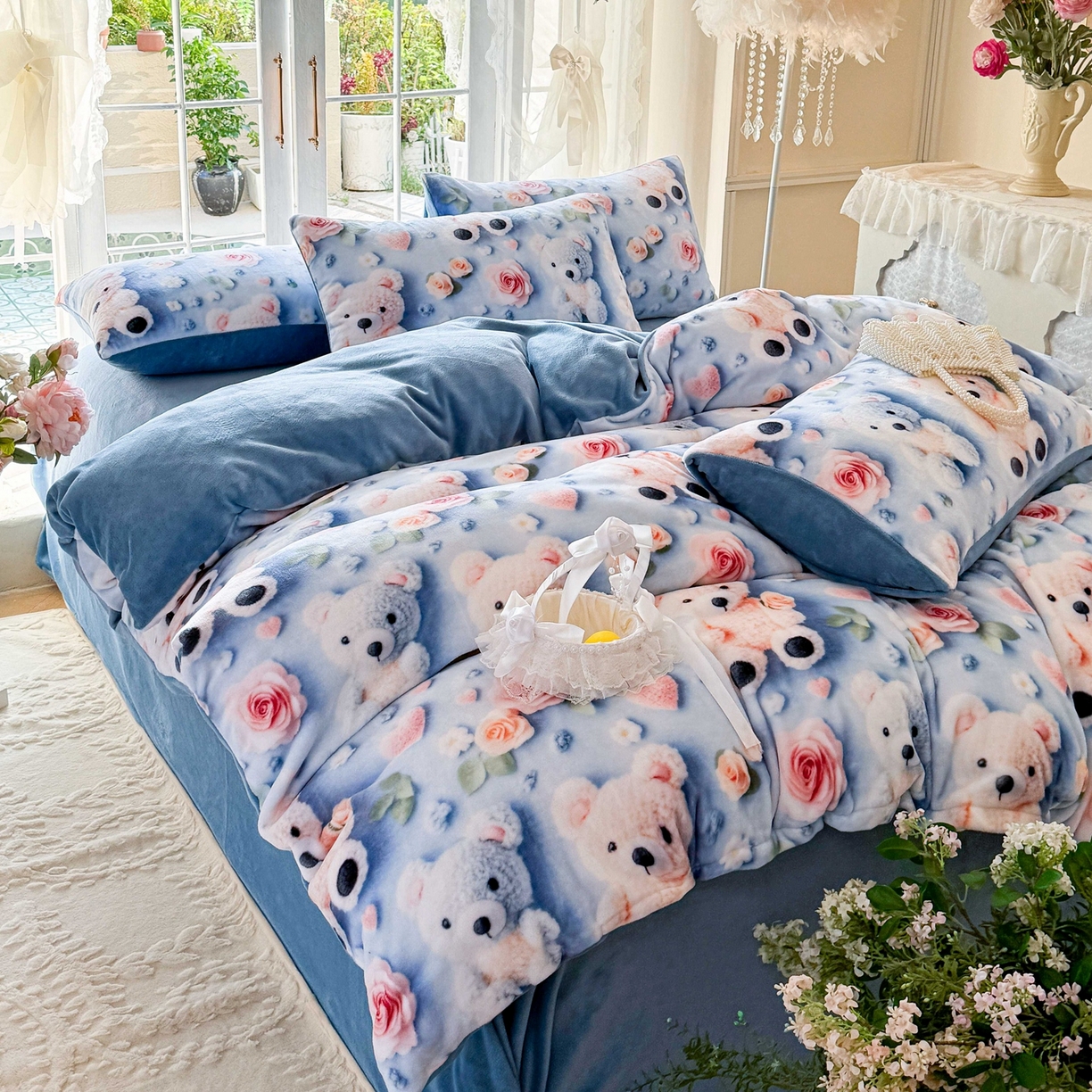 91家纺网 家纺一手货源 找家纺 馨语家居 2025新款直播热款高克重保暖卡通牛奶绒印花四件套 针织小熊