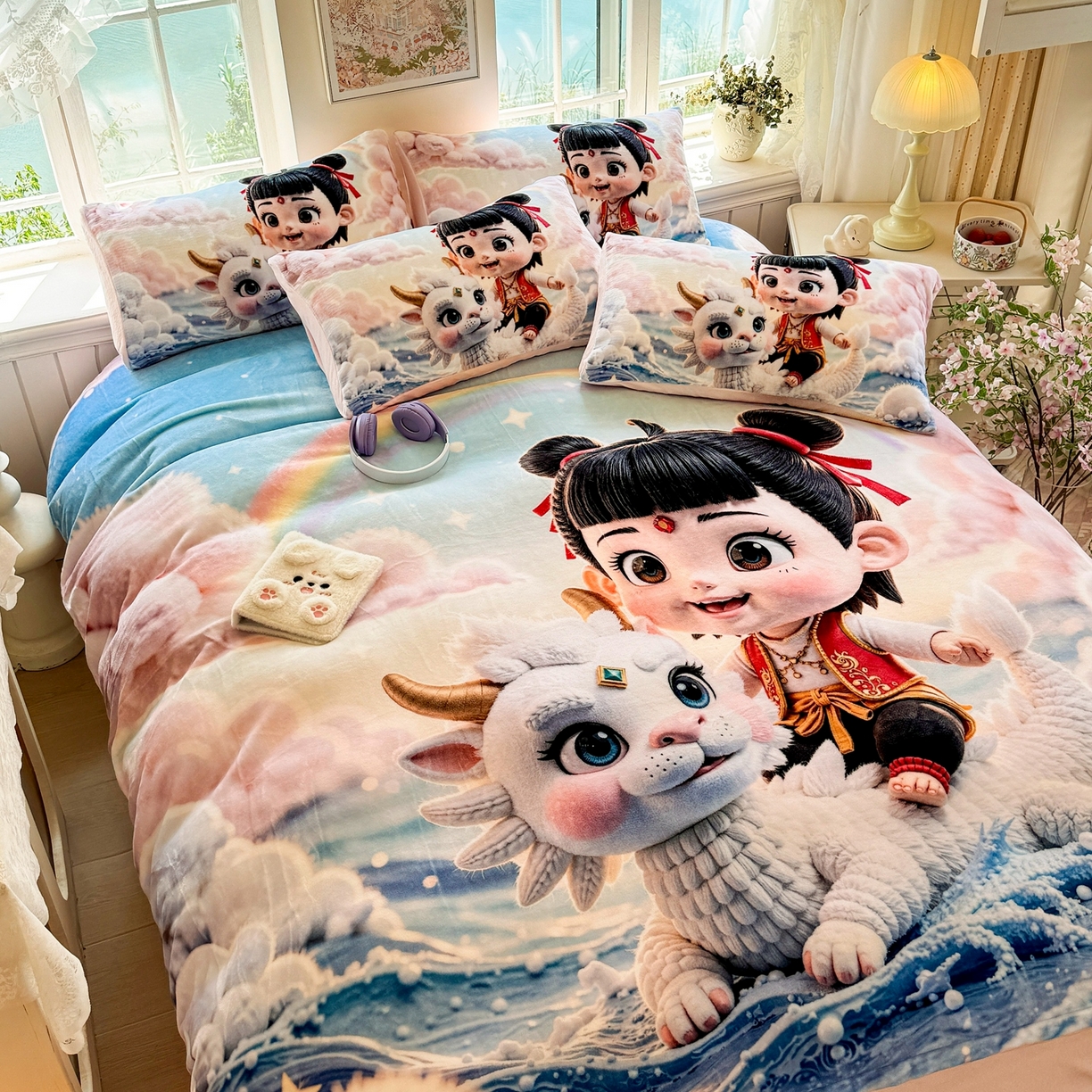 91家纺网 家纺一手货源 找家纺 馨语家居 2025新款直播热款高克重保暖卡通牛奶绒印花四件套 彩虹哪吒