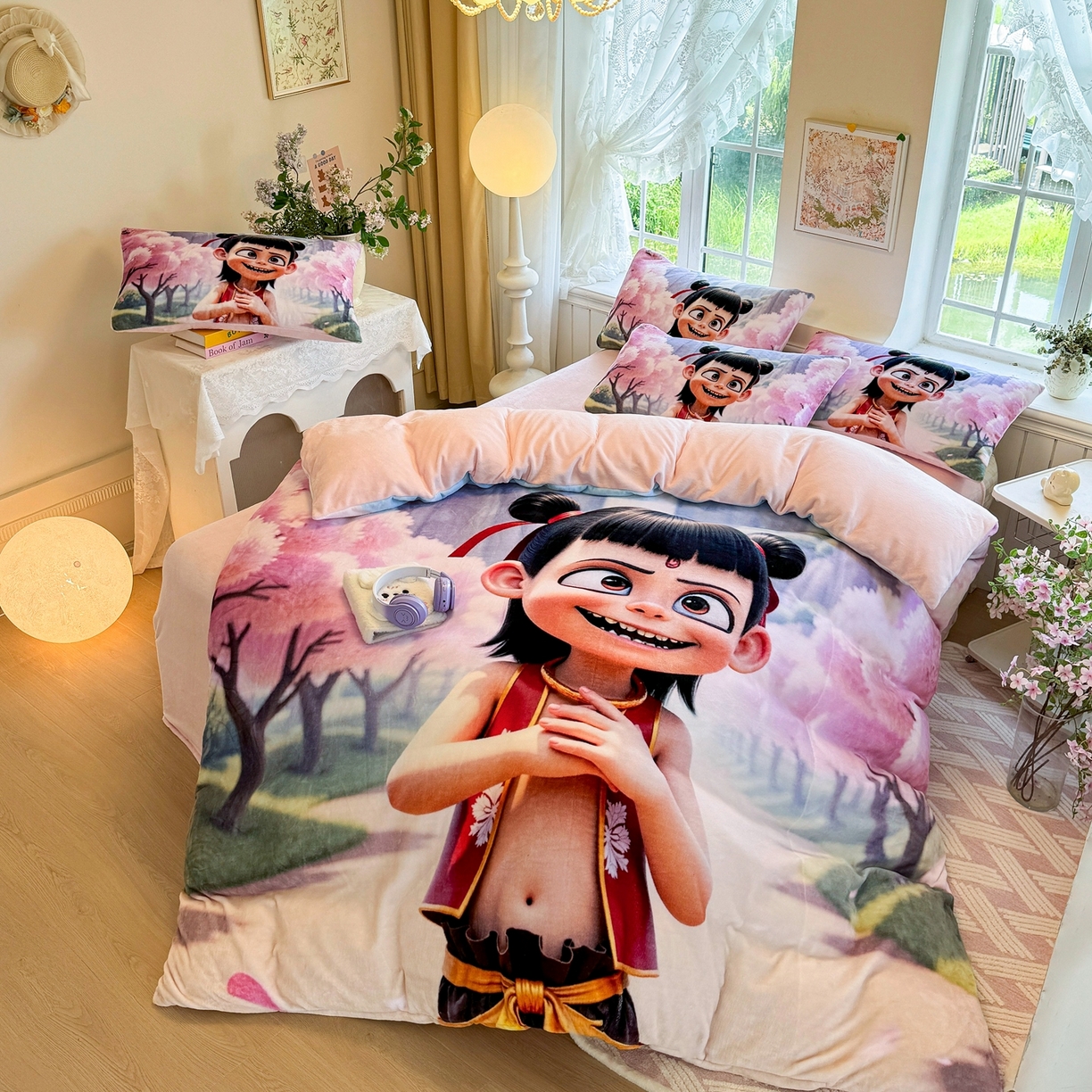 91家纺网 家纺一手货源 找家纺 馨语家居 2025新款直播热款高克重保暖卡通牛奶绒印花四件套 魔童哪吒