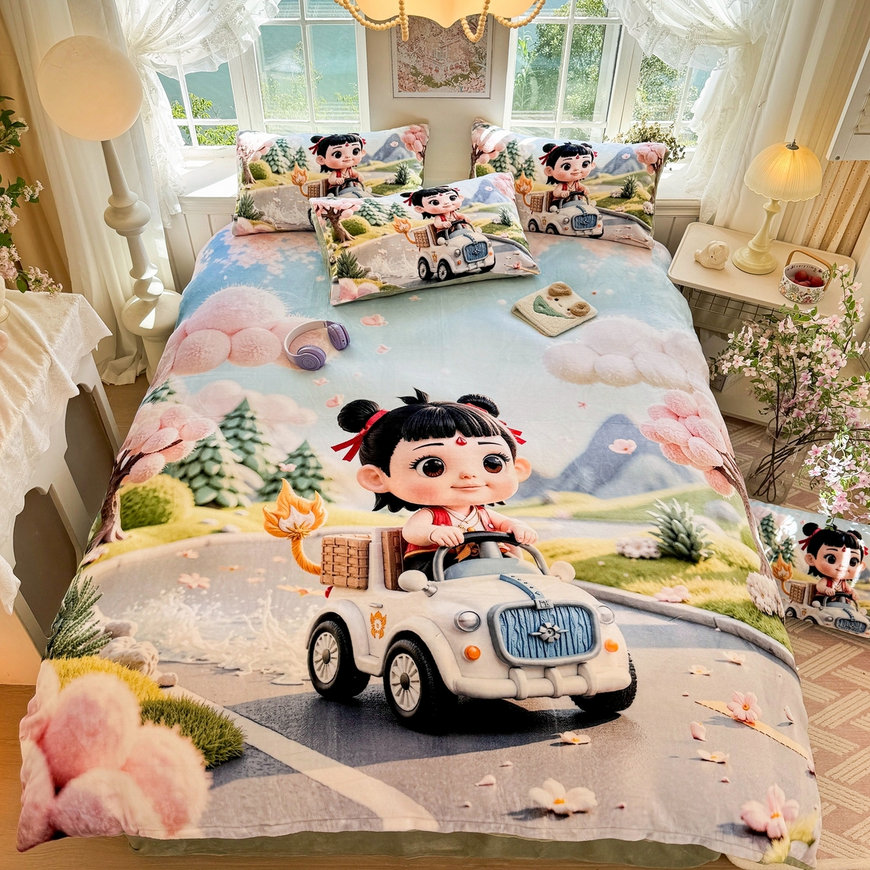 91家纺网 家纺一手货源 找家纺 馨语家居 2025新款直播热款高克重保暖卡通牛奶绒印花四件套 郊游哪吒