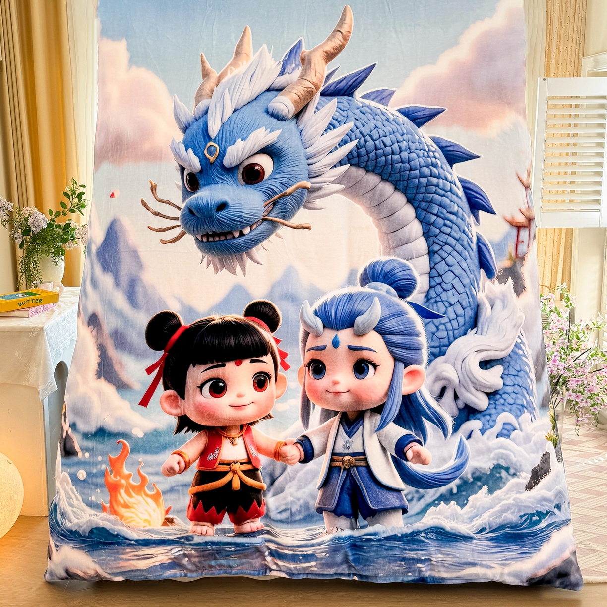 91家纺网 家纺一手货源 找家纺 馨语家居 2025新款直播热款高克重保暖卡通牛奶绒印花四件套 神龙哪吒