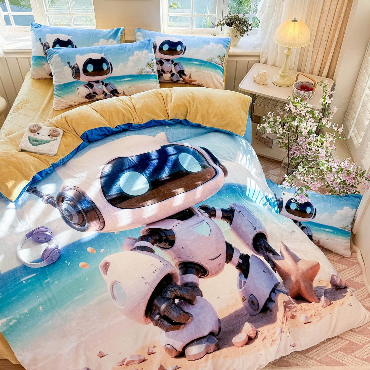 91家纺网 家纺一手货源 找家纺 馨语家居 2025新款直播热款高克重保暖卡通牛奶绒印花四件套 海洋机器人