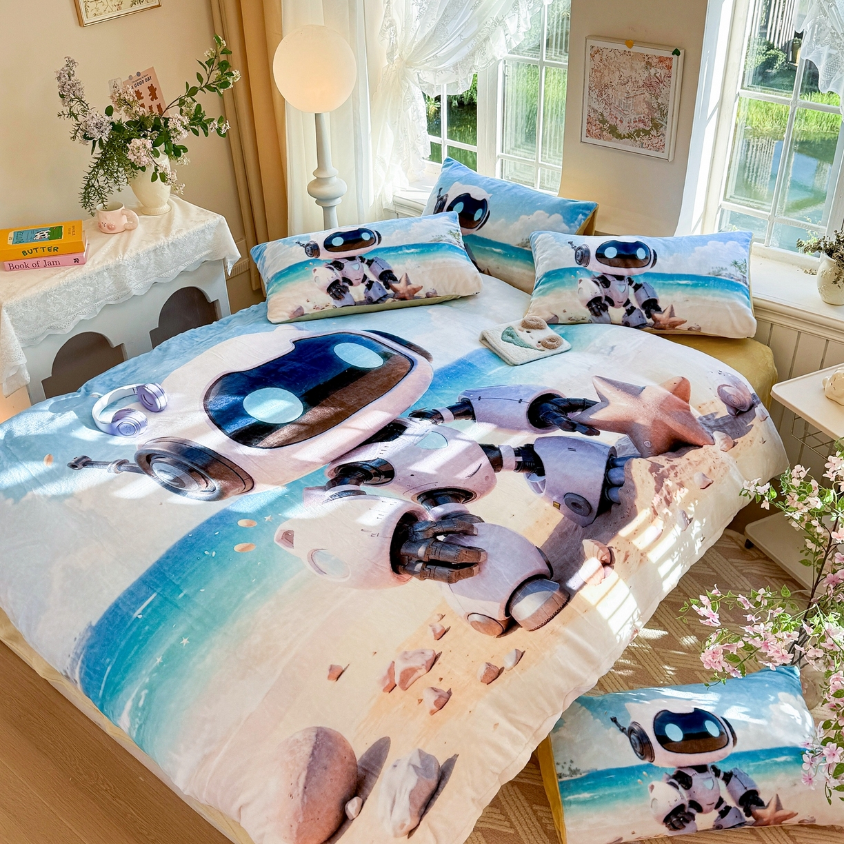 91家纺网 家纺一手货源 找家纺 馨语家居 2025新款直播热款高克重保暖卡通牛奶绒印花四件套 海洋机器人