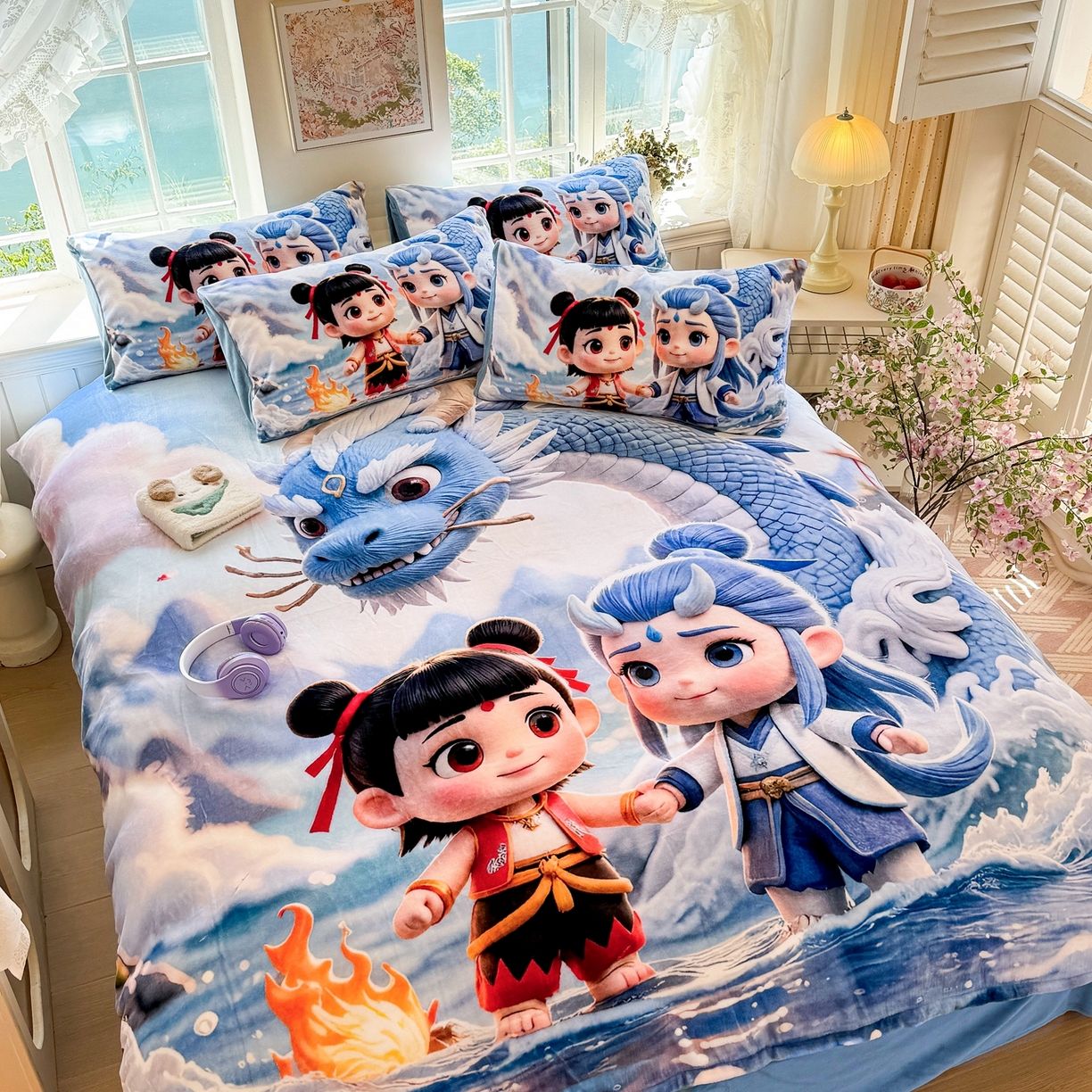 91家纺网 家纺一手货源 找家纺 馨语家居 2025新款直播热款高克重保暖卡通牛奶绒印花四件套 神龙哪吒