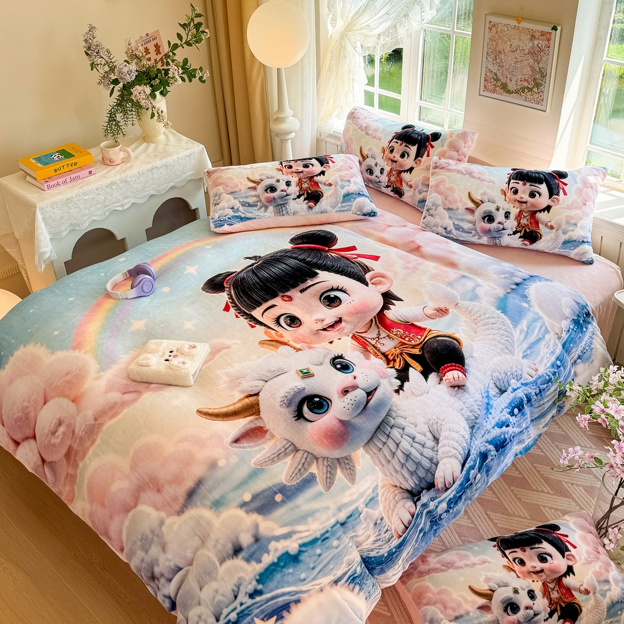 91家纺网 家纺一手货源 找家纺 馨语家居 2025新款直播热款高克重保暖卡通牛奶绒印花四件套 彩虹哪吒