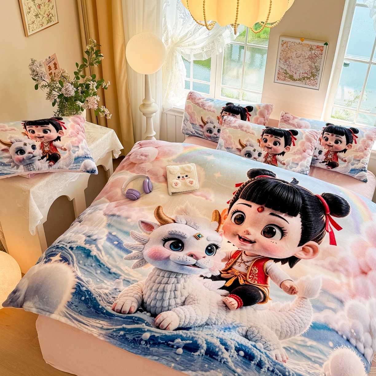 91家纺网 家纺一手货源 找家纺 馨语家居 2025新款直播热款高克重保暖卡通牛奶绒印花四件套 彩虹哪吒
