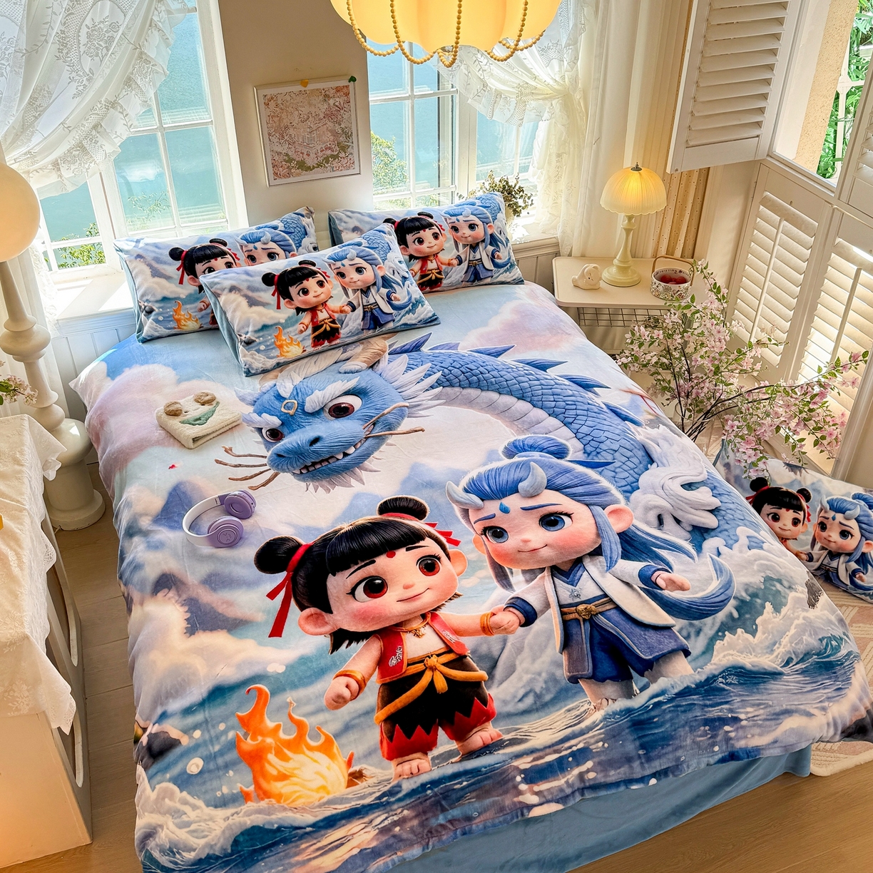 91家纺网 家纺一手货源 找家纺 馨语家居 2025新款直播热款高克重保暖卡通牛奶绒印花四件套 神龙哪吒