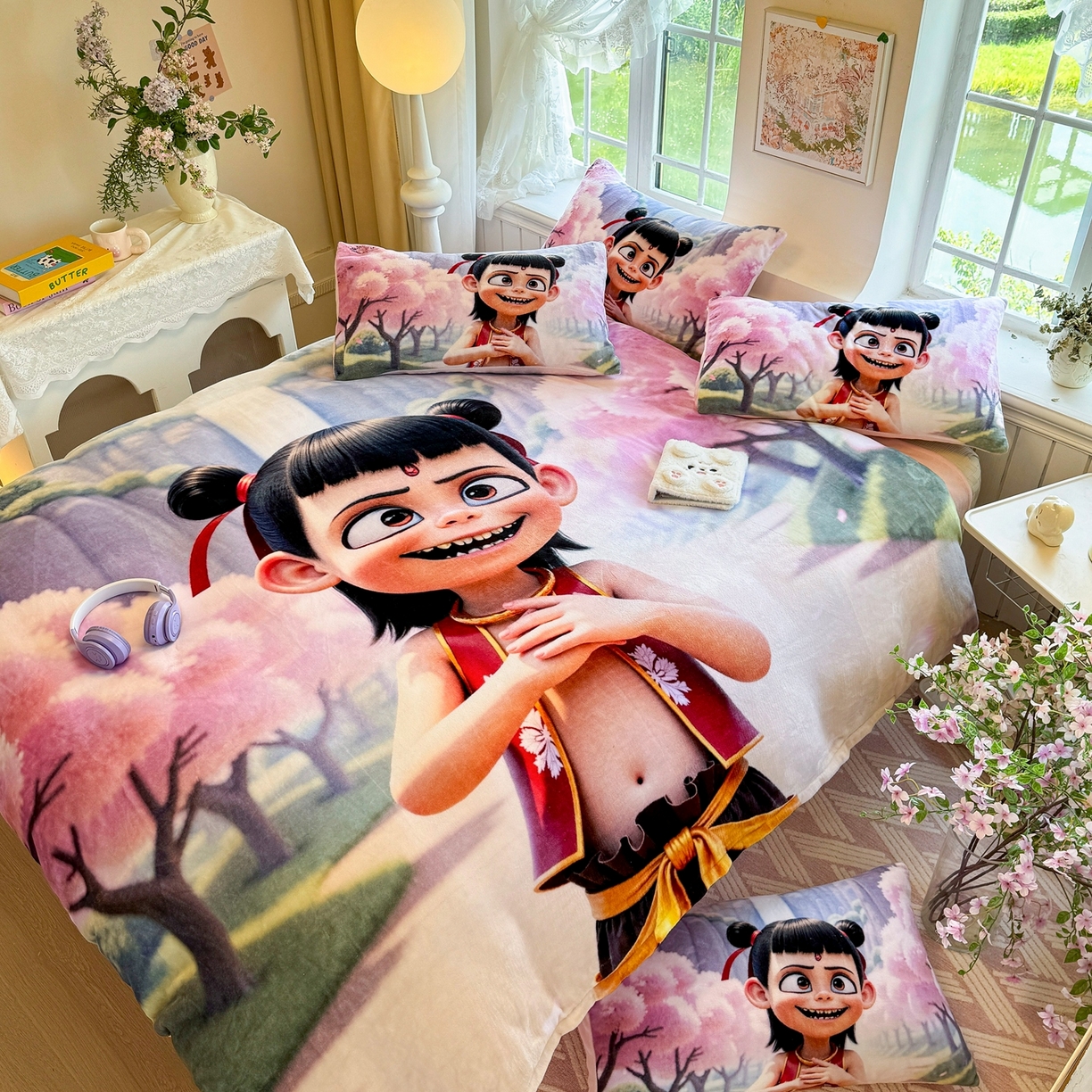 91家纺网 家纺一手货源 找家纺 馨语家居 2025新款直播热款高克重保暖卡通牛奶绒印花四件套 魔童哪吒