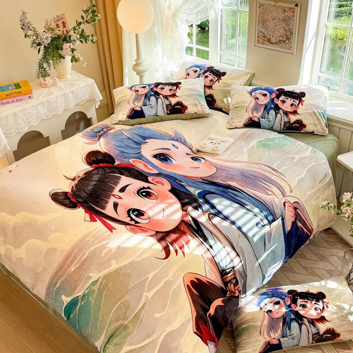 91家纺网 家纺一手货源 找家纺 馨语家居 2025新款直播热款高克重保暖卡通牛奶绒印花四件套 哪吒敖丙