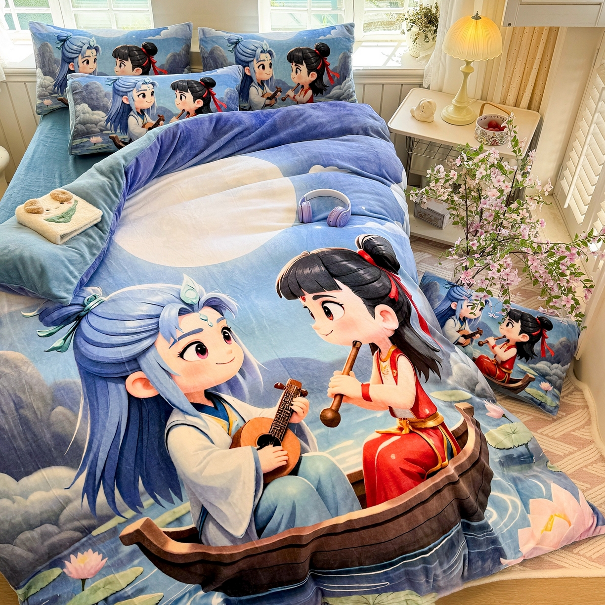 91家纺网 家纺一手货源 找家纺 馨语家居 2025新款直播热款高克重保暖卡通牛奶绒印花四件套 漂流哪吒