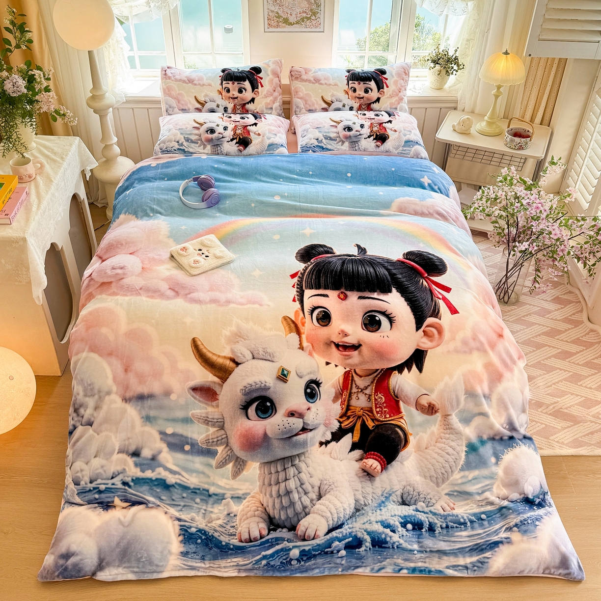 91家纺网 家纺一手货源 找家纺 馨语家居 2025新款直播热款高克重保暖卡通牛奶绒印花四件套 彩虹哪吒