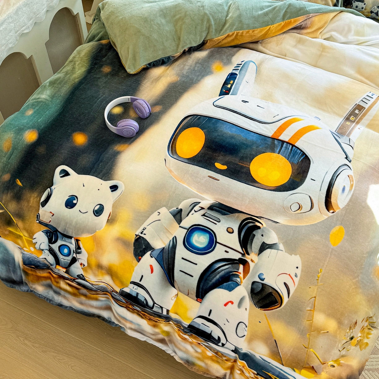 91家纺网 家纺一手货源 找家纺 馨语家居 2025新款直播热款高克重保暖卡通牛奶绒印花四件套 未来萌宠