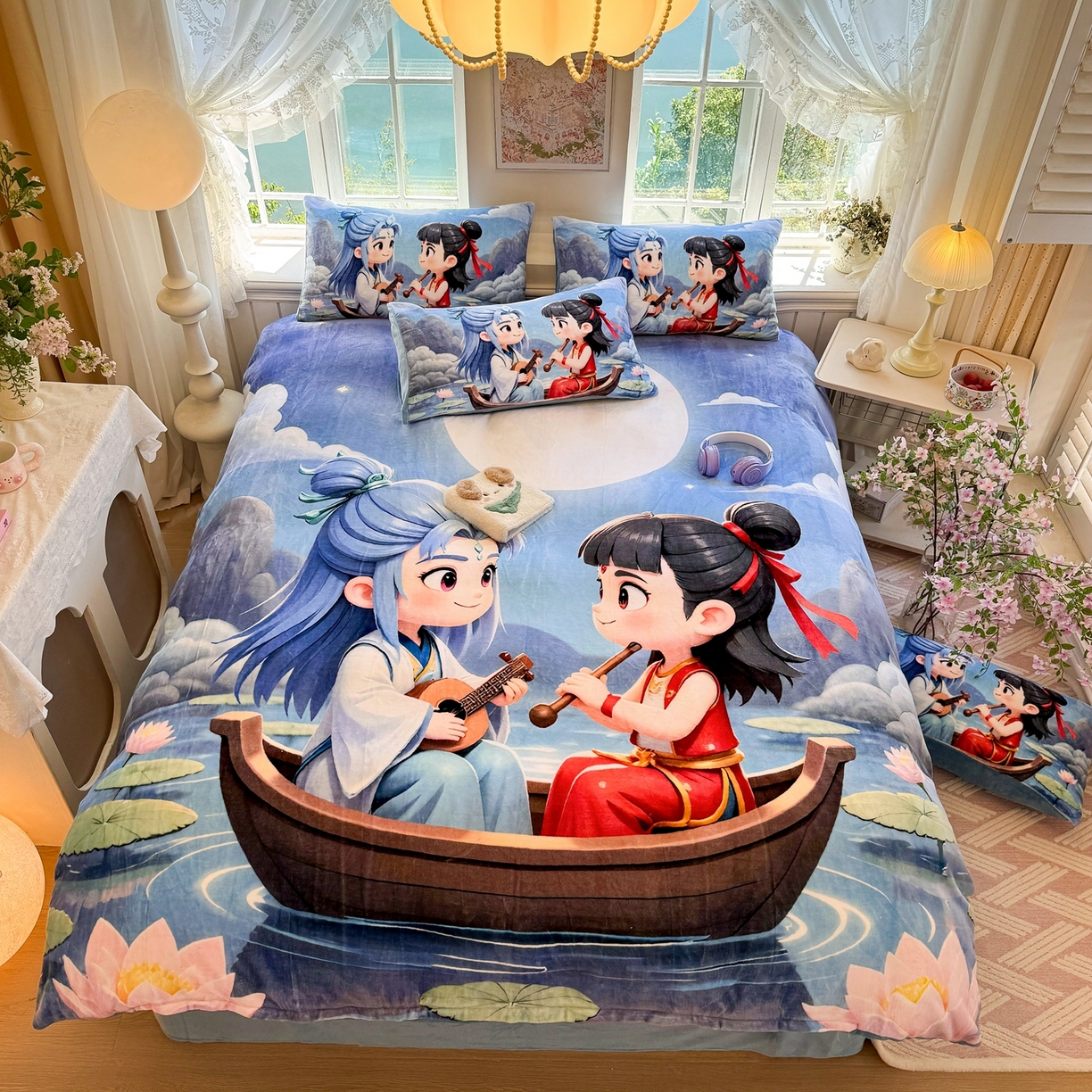 91家纺网 家纺一手货源 找家纺 馨语家居 2025新款直播热款高克重保暖卡通牛奶绒印花四件套 漂流哪吒