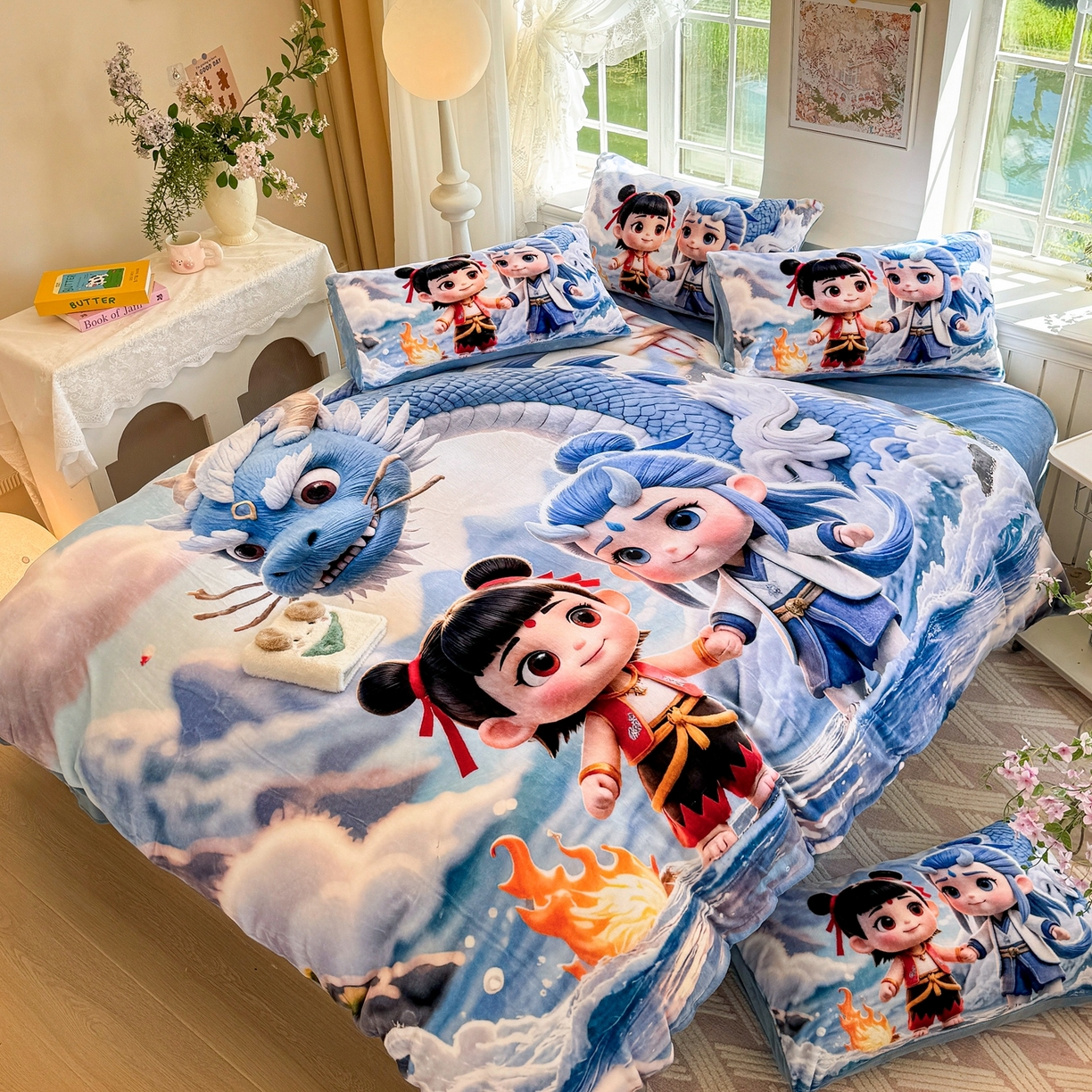 91家纺网 家纺一手货源 找家纺 馨语家居 2025新款直播热款高克重保暖卡通牛奶绒印花四件套 神龙哪吒