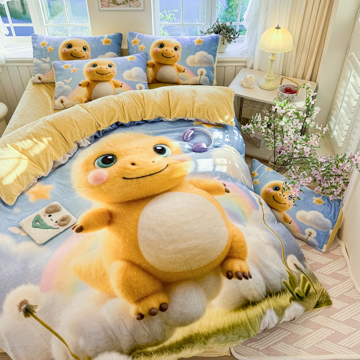 91家纺网 家纺一手货源 找家纺 馨语家居 2025新款直播热款高克重保暖卡通牛奶绒印花四件套 小奶龙