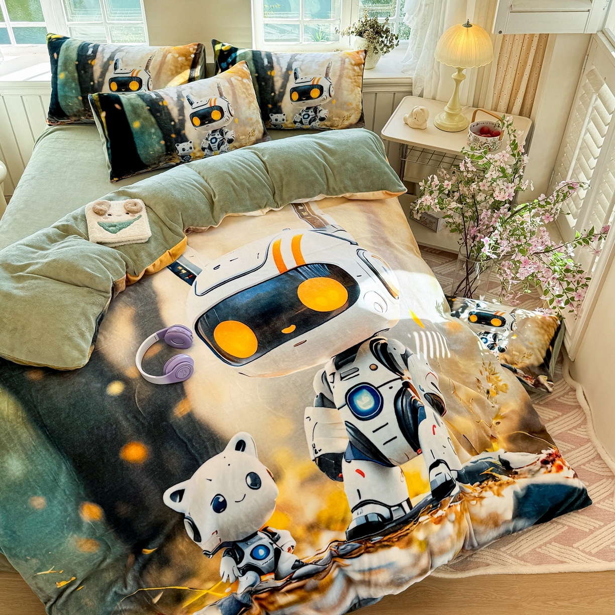 91家纺网 家纺一手货源 找家纺 馨语家居 2025新款直播热款高克重保暖卡通牛奶绒印花四件套 未来萌宠