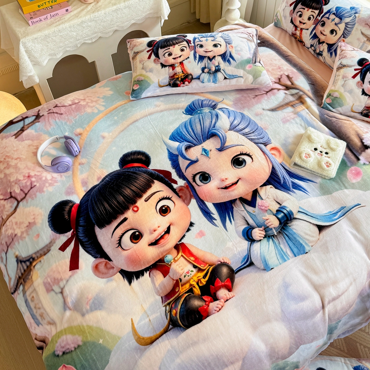 91家纺网 家纺一手货源 找家纺 馨语家居 2025新款直播热款高克重保暖卡通牛奶绒印花四件套 腾云哪吒