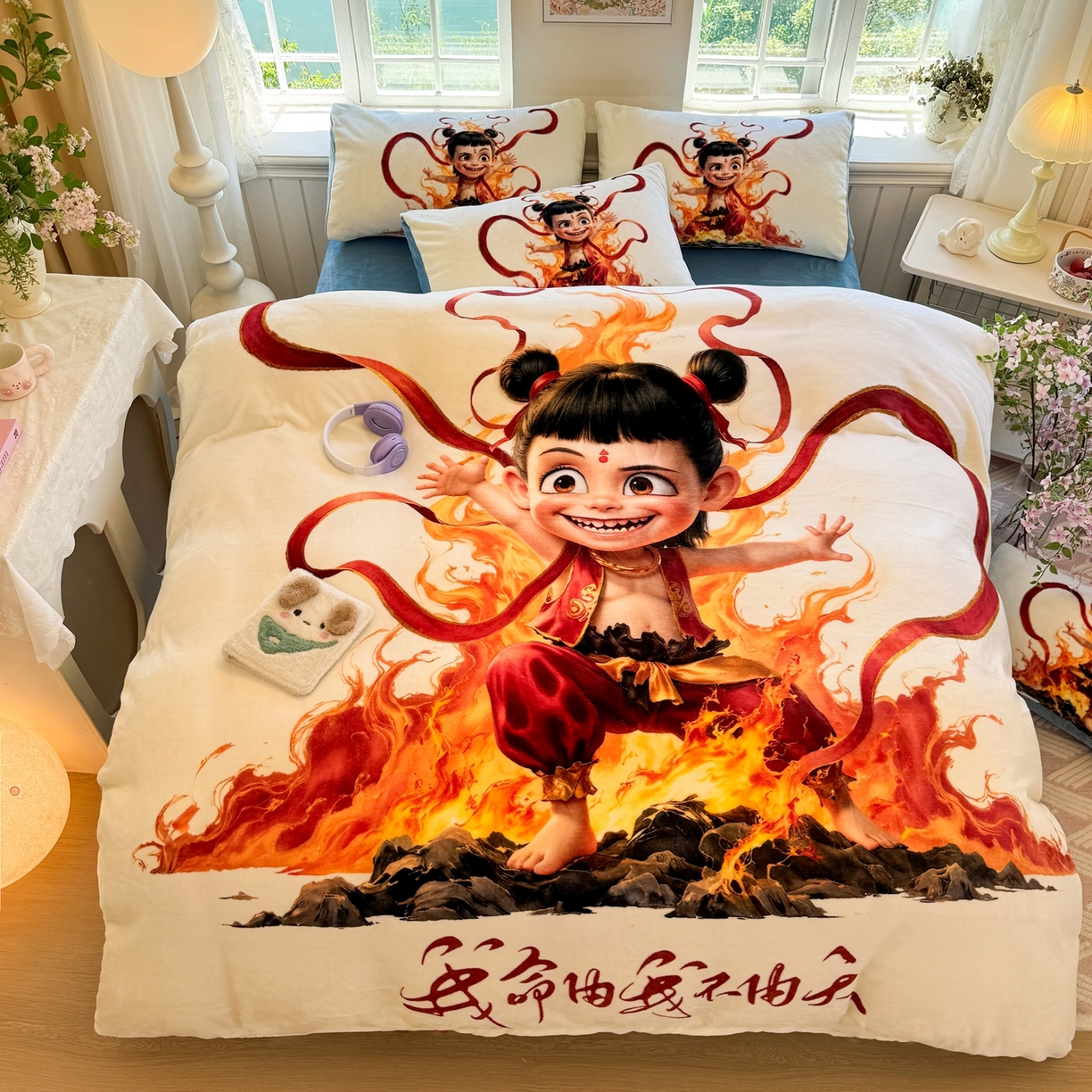 91家纺网 家纺一手货源 找家纺 馨语家居 2025新款直播热款高克重保暖卡通牛奶绒印花四件套 浴火哪吒