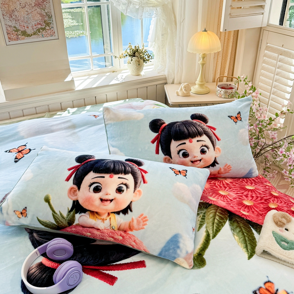 91家纺网 家纺一手货源 找家纺 馨语家居 2025新款直播热款高克重保暖卡通牛奶绒印花四件套 草莓哪吒