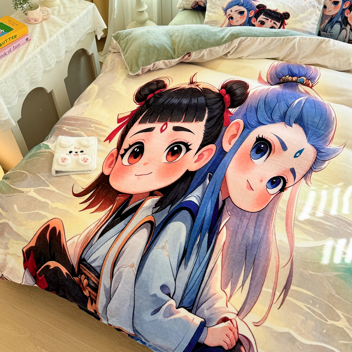 91家纺网 家纺一手货源 找家纺 馨语家居 2025新款直播热款高克重保暖卡通牛奶绒印花四件套 哪吒敖丙