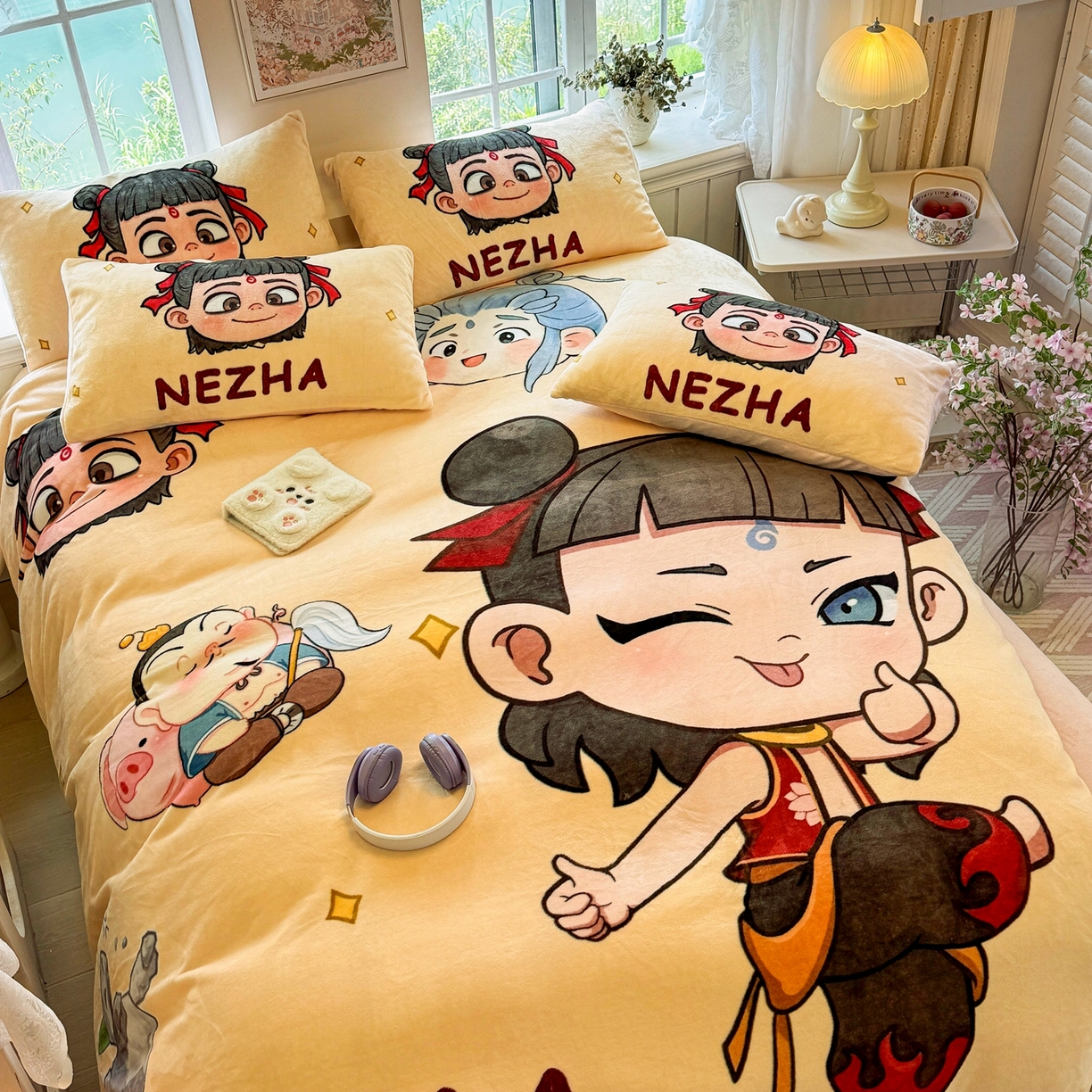 91家纺网 家纺一手货源 找家纺 馨语家居 2025新款直播热款高克重保暖卡通牛奶绒印花四件套 少年哪吒