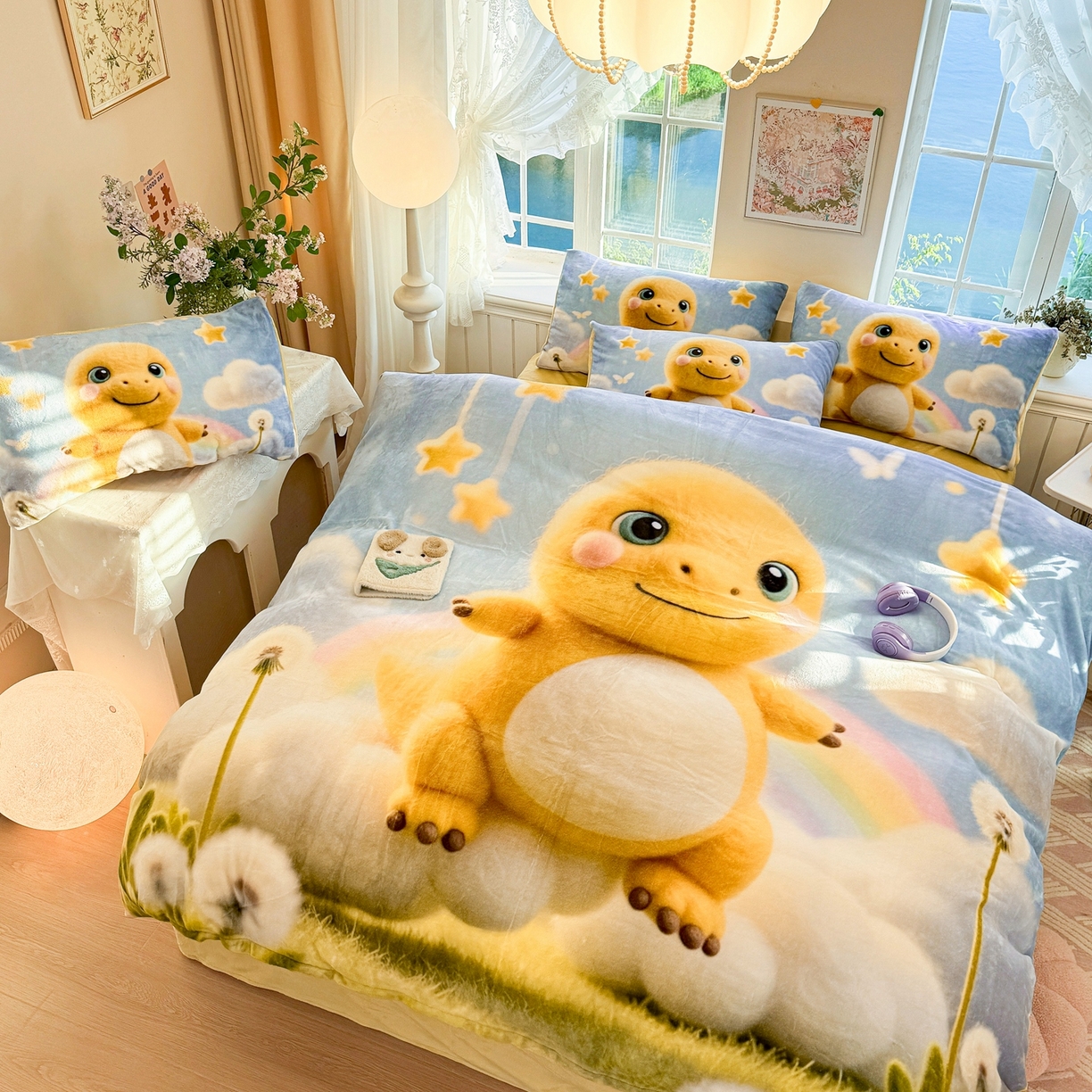 91家纺网 家纺一手货源 找家纺 馨语家居 2025新款直播热款高克重保暖卡通牛奶绒印花四件套 小奶龙