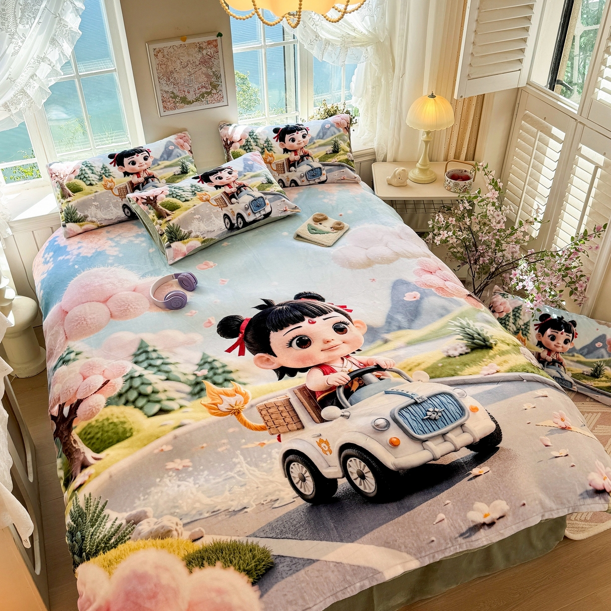 91家纺网 家纺一手货源 找家纺 馨语家居 2025新款直播热款高克重保暖卡通牛奶绒印花四件套 郊游哪吒