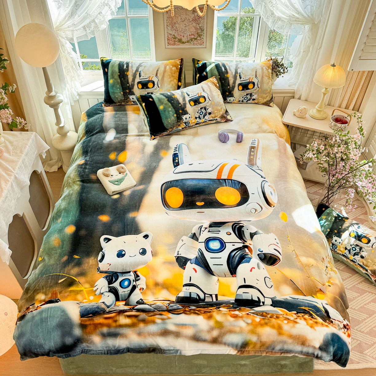 91家纺网 家纺一手货源 找家纺 馨语家居 2025新款直播热款高克重保暖卡通牛奶绒印花四件套 未来萌宠