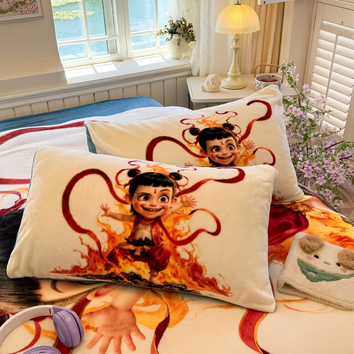 91家纺网 家纺一手货源 找家纺 馨语家居 2025新款直播热款高克重保暖卡通牛奶绒印花四件套 浴火哪吒