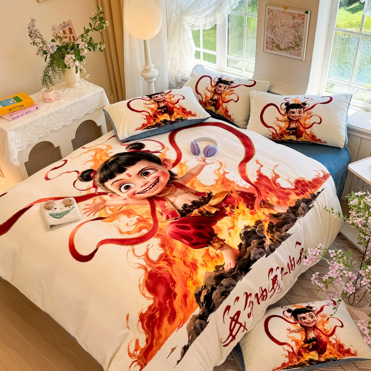 91家纺网 家纺一手货源 找家纺 馨语家居 2025新款直播热款高克重保暖卡通牛奶绒印花四件套 浴火哪吒