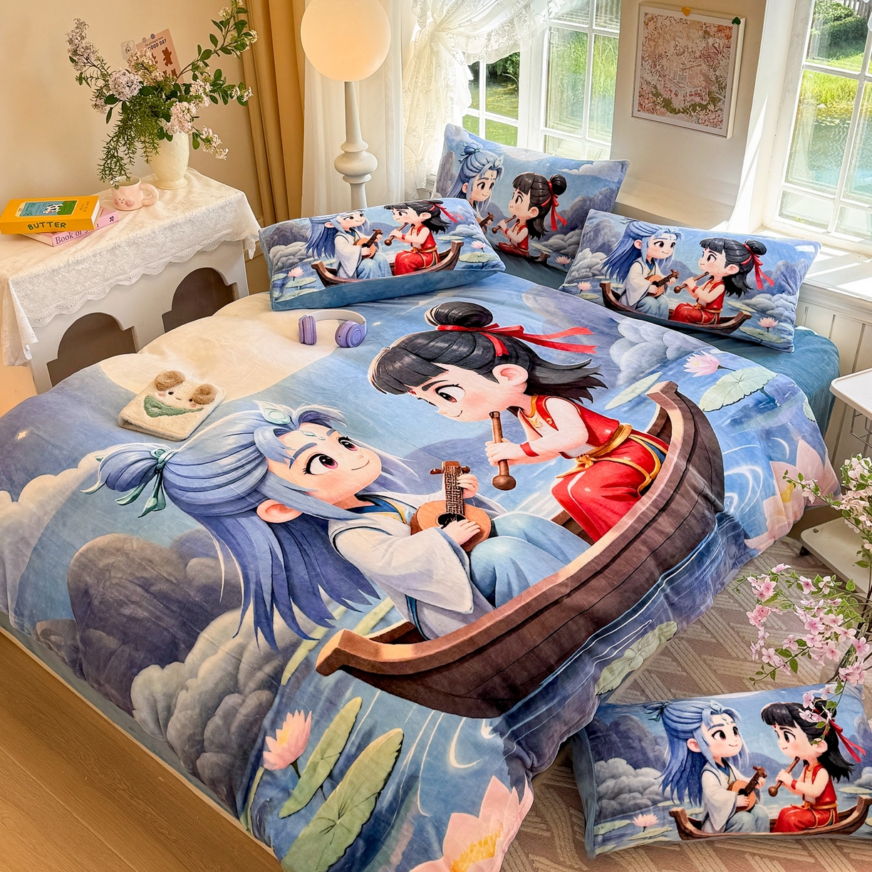 91家纺网 家纺一手货源 找家纺 馨语家居 2025新款直播热款高克重保暖卡通牛奶绒印花四件套 漂流哪吒