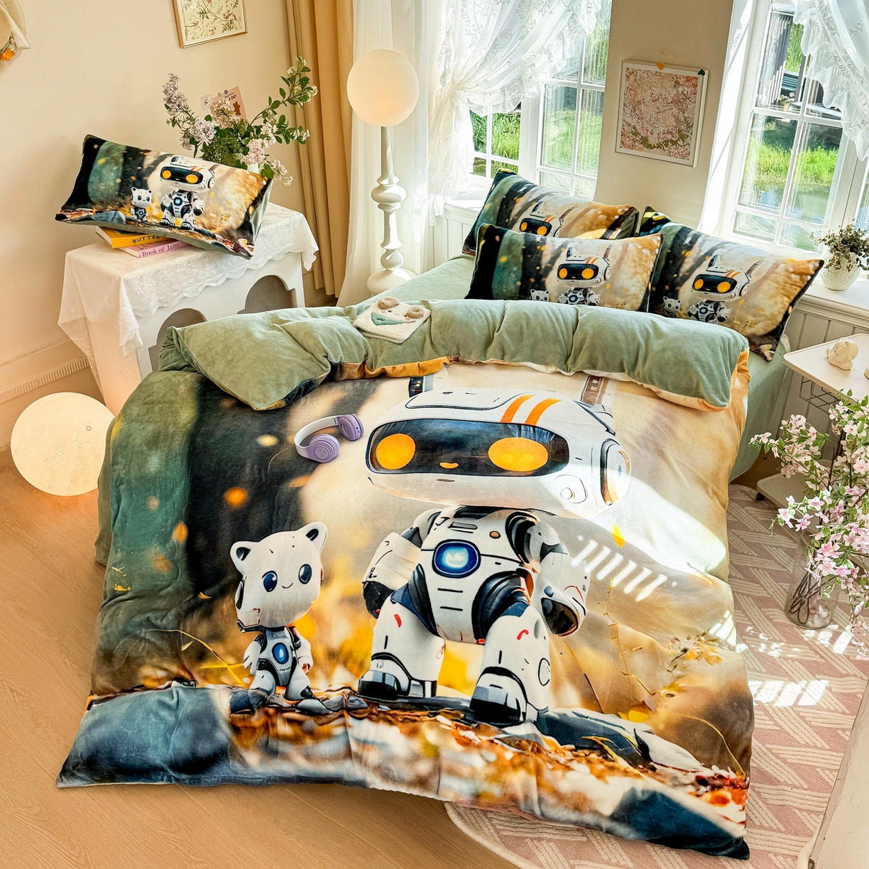 91家纺网 家纺一手货源 找家纺 馨语家居 2025新款直播热款高克重保暖卡通牛奶绒印花四件套 未来萌宠