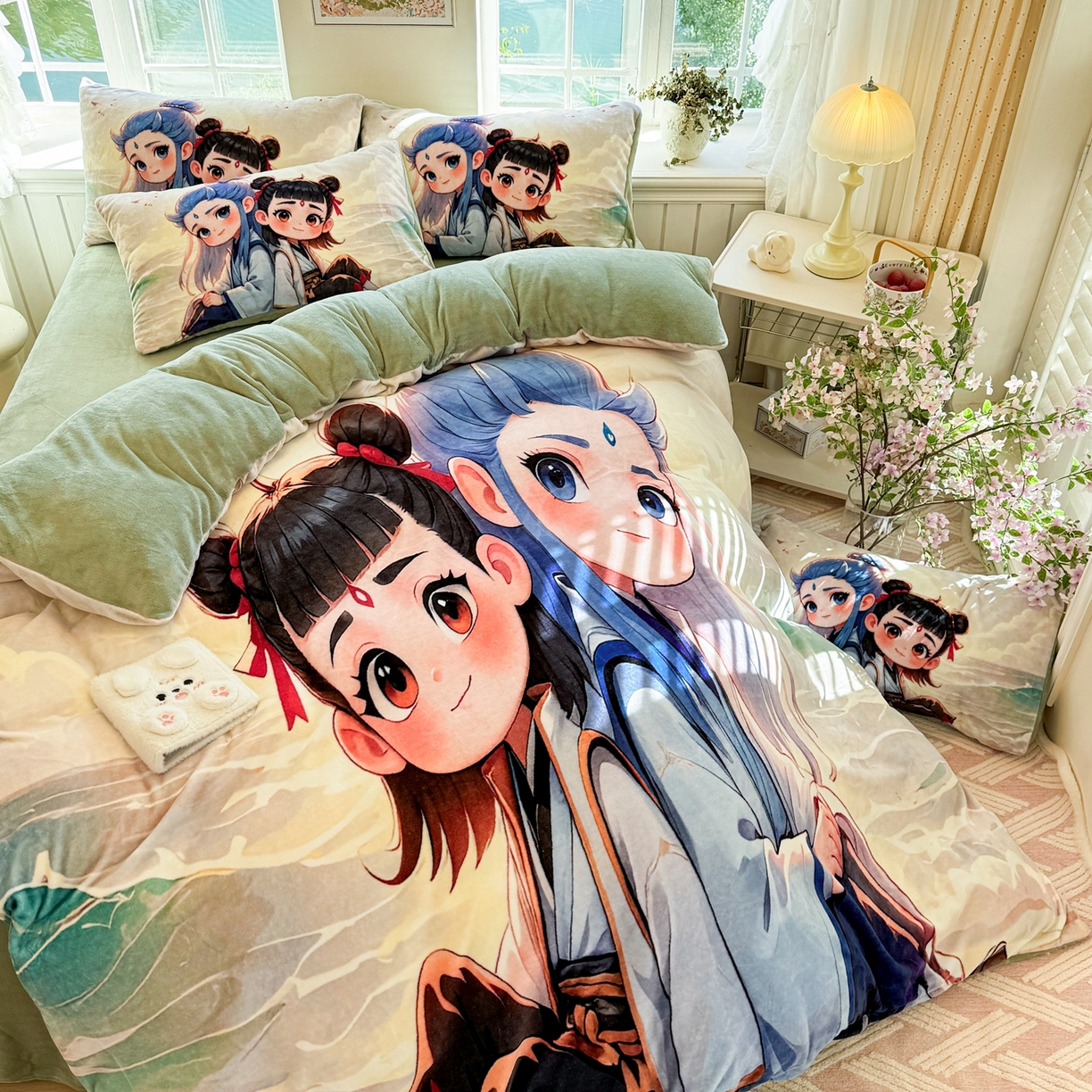 91家纺网 家纺一手货源 找家纺 馨语家居 2025新款直播热款高克重保暖卡通牛奶绒印花四件套 哪吒敖丙