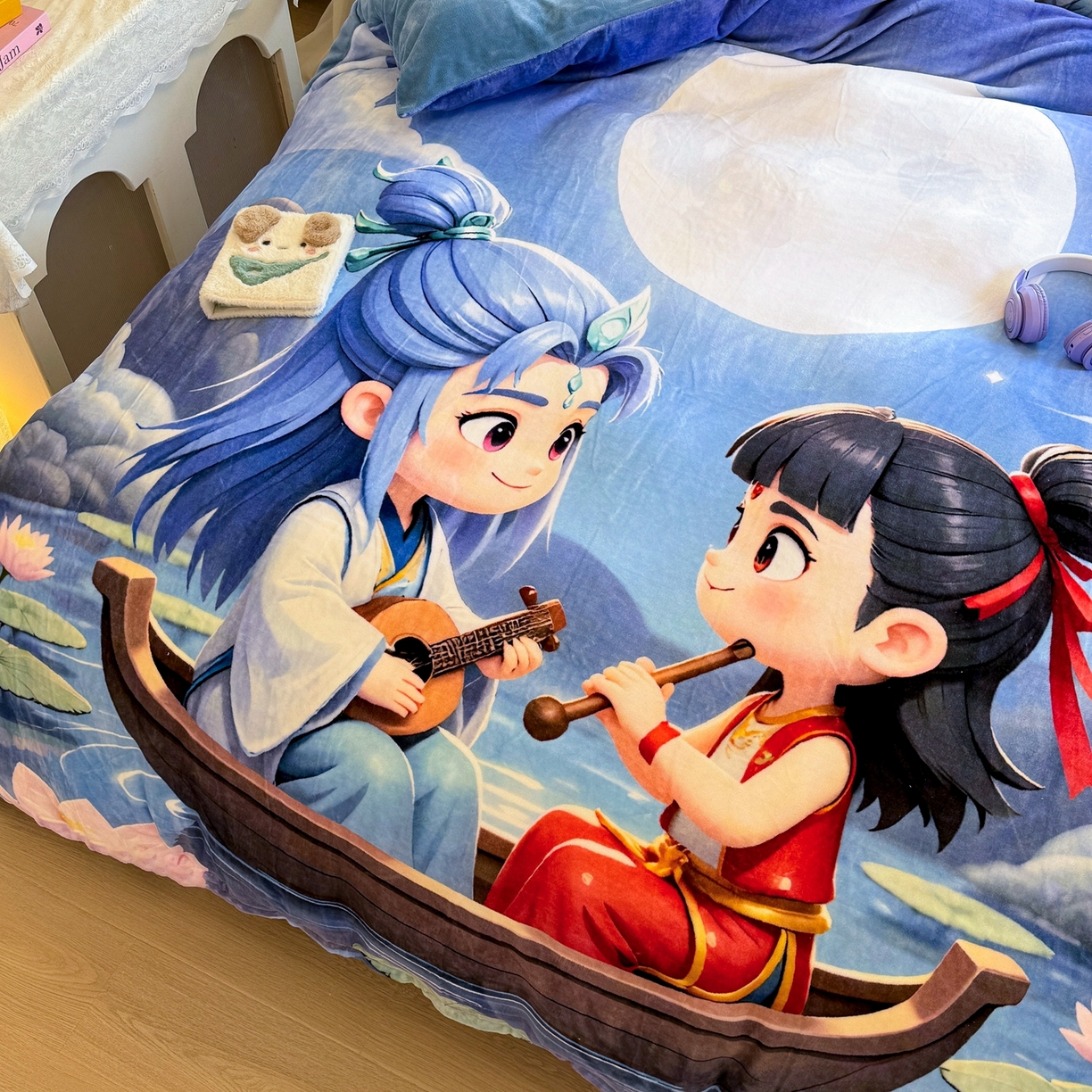 91家纺网 家纺一手货源 找家纺 馨语家居 2025新款直播热款高克重保暖卡通牛奶绒印花四件套 漂流哪吒