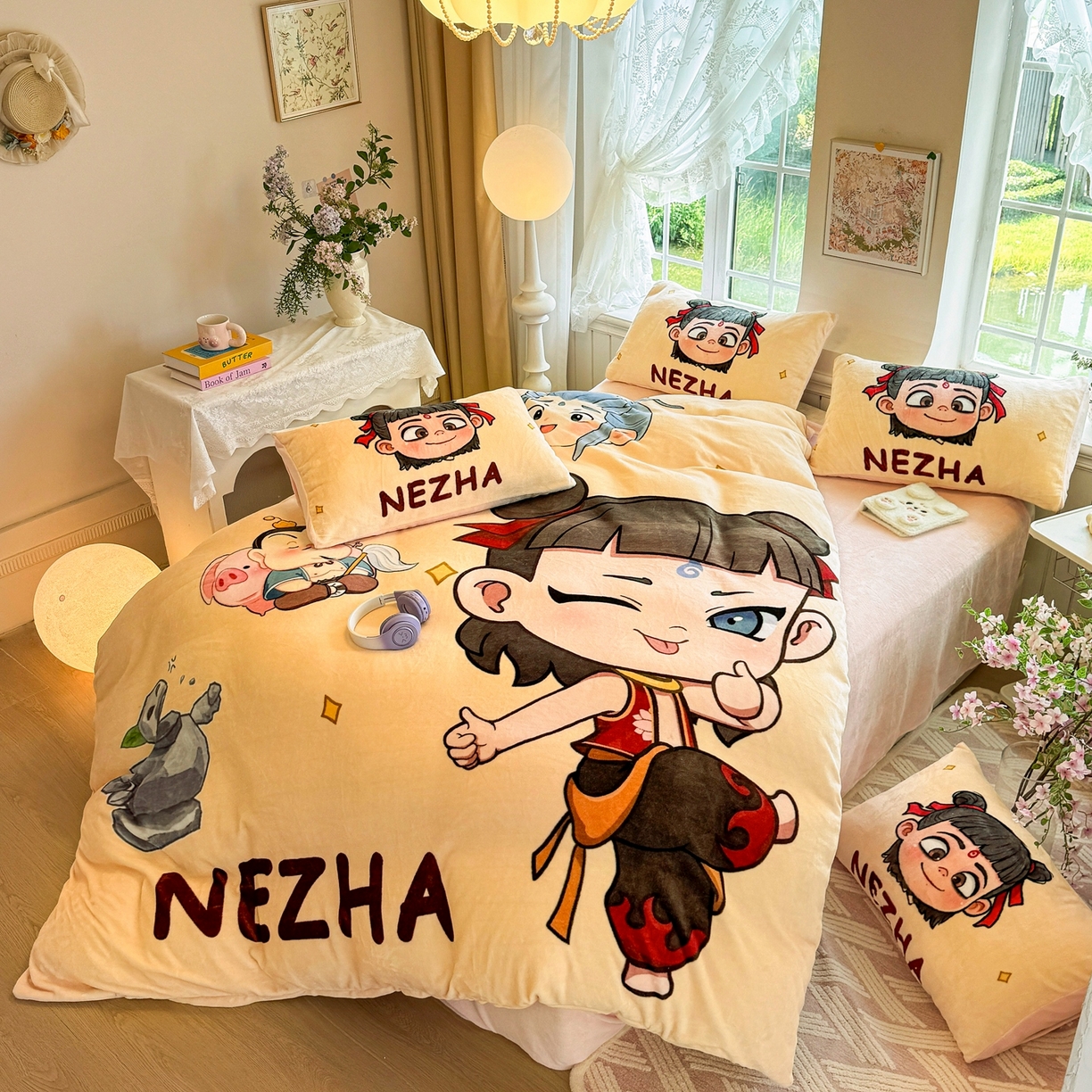 91家纺网 家纺一手货源 找家纺 馨语家居 2025新款直播热款高克重保暖卡通牛奶绒印花四件套 少年哪吒