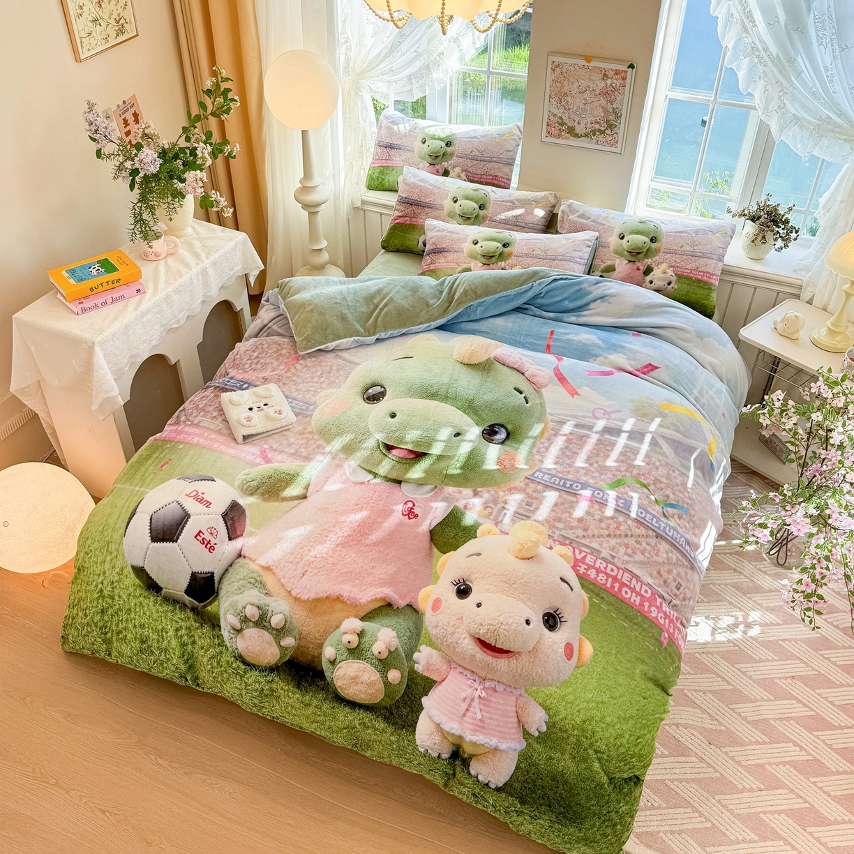 91家纺网 家纺一手货源 找家纺 馨语家居 2025新款直播热款高克重保暖卡通牛奶绒印花四件套 恐龙球队