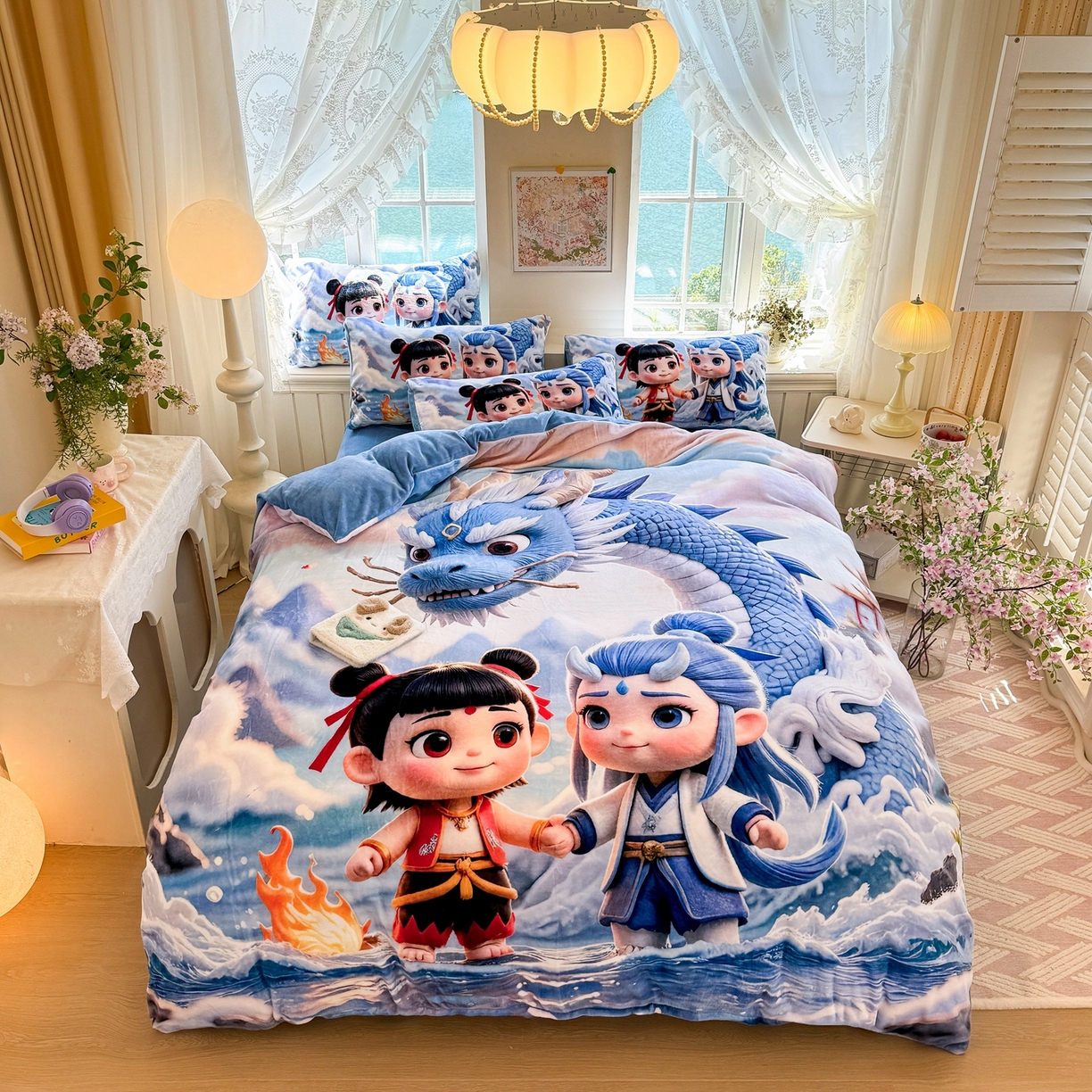 91家纺网 家纺一手货源 找家纺 馨语家居 2025新款直播热款高克重保暖卡通牛奶绒印花四件套 神龙哪吒