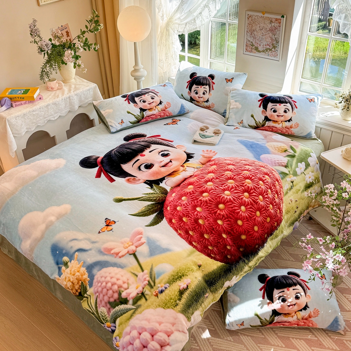 91家纺网 家纺一手货源 找家纺 馨语家居 2025新款直播热款高克重保暖卡通牛奶绒印花四件套 草莓哪吒