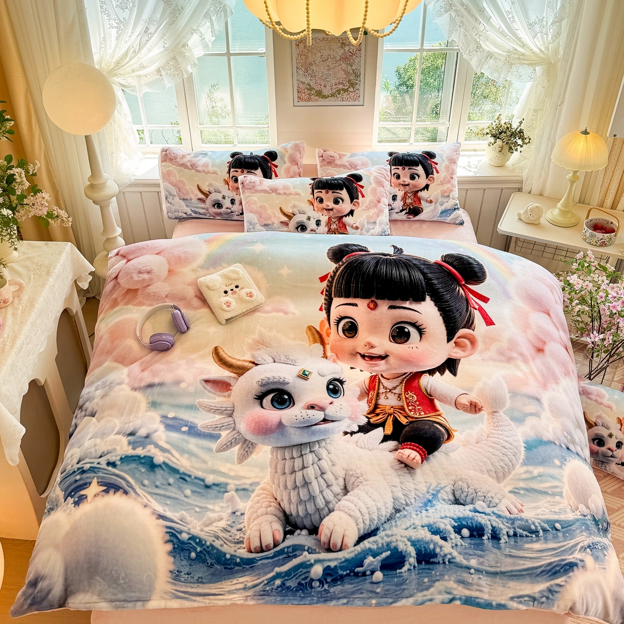 91家纺网 家纺一手货源 找家纺 馨语家居 2025新款直播热款高克重保暖卡通牛奶绒印花四件套 彩虹哪吒