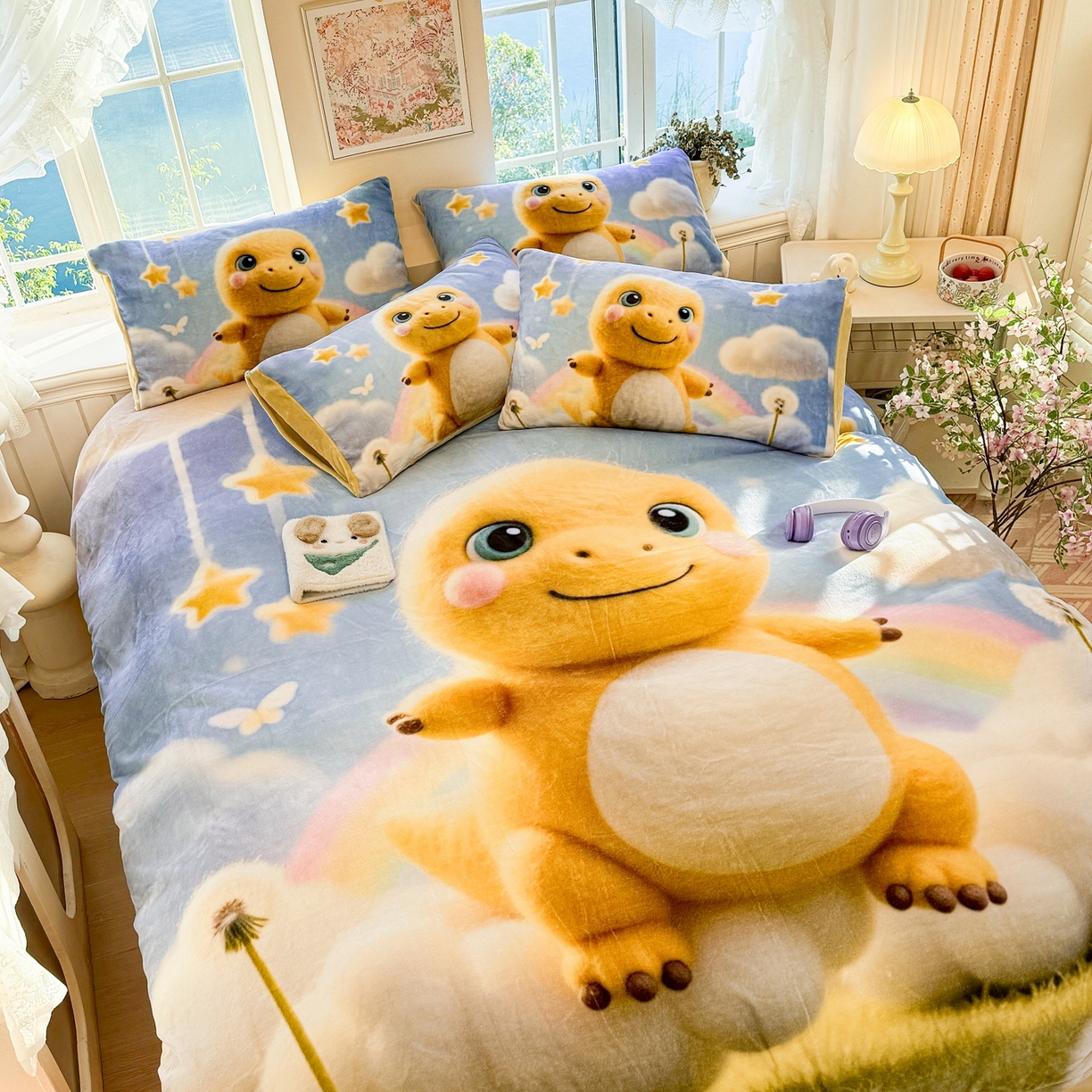 91家纺网 家纺一手货源 找家纺 馨语家居 2025新款直播热款高克重保暖卡通牛奶绒印花四件套 小奶龙