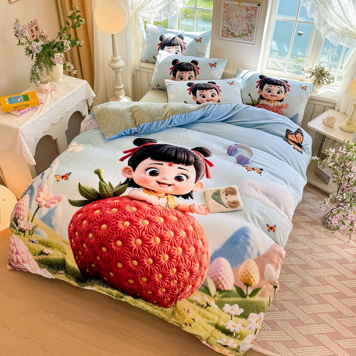 91家纺网 家纺一手货源 找家纺 馨语家居 2025新款直播热款高克重保暖卡通牛奶绒印花四件套 草莓哪吒