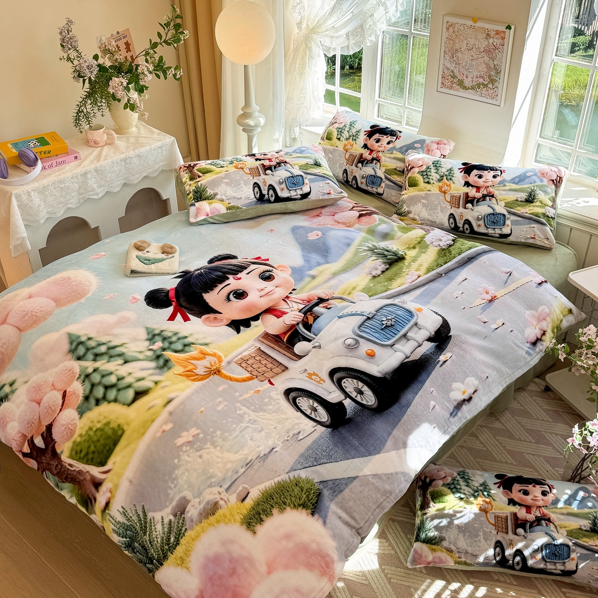 91家纺网 家纺一手货源 找家纺 馨语家居 2025新款直播热款高克重保暖卡通牛奶绒印花四件套 郊游哪吒