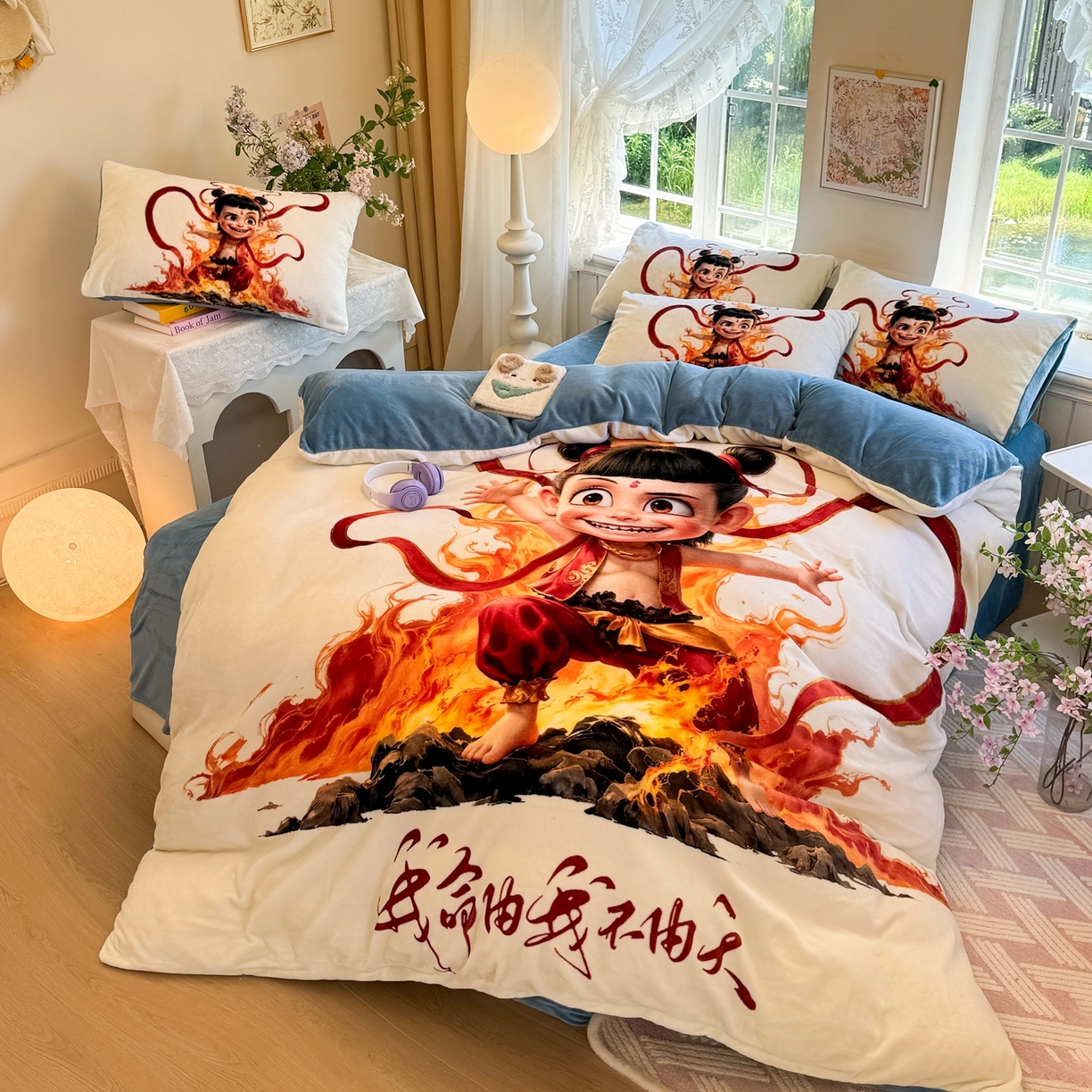 91家纺网 家纺一手货源 找家纺 馨语家居 2025新款直播热款高克重保暖卡通牛奶绒印花四件套 浴火哪吒