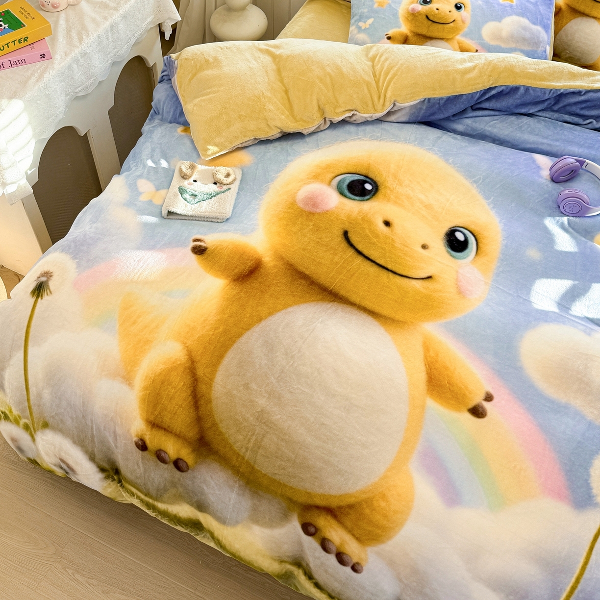 91家纺网 家纺一手货源 找家纺 馨语家居 2025新款直播热款高克重保暖卡通牛奶绒印花四件套 小奶龙