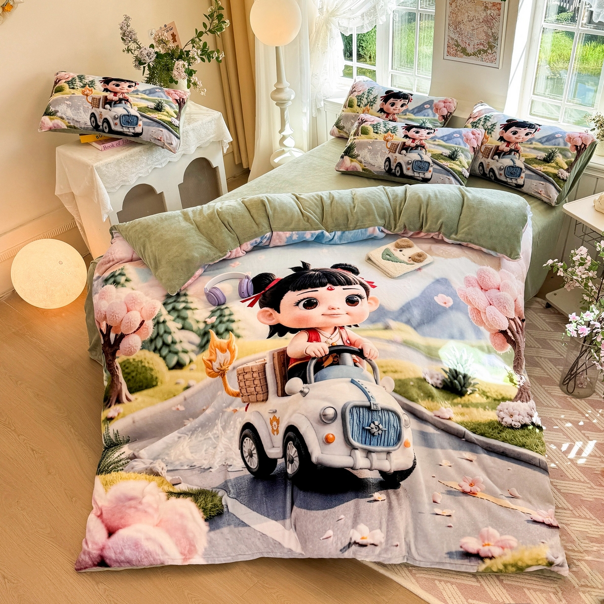 91家纺网 家纺一手货源 找家纺 馨语家居 2025新款直播热款高克重保暖卡通牛奶绒印花四件套 郊游哪吒