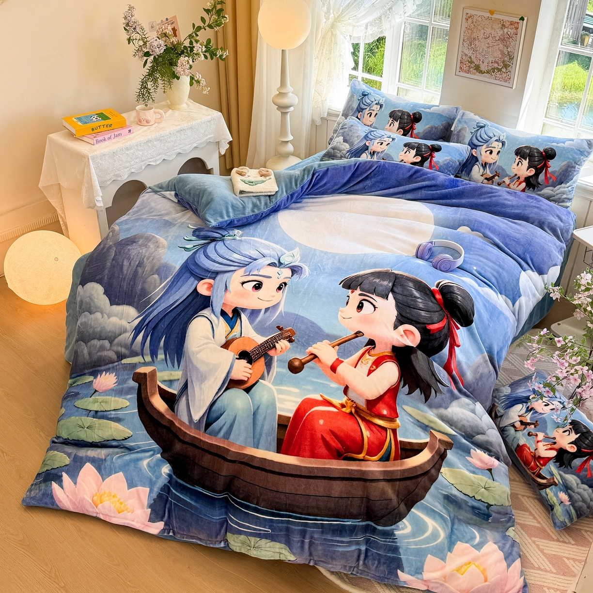 91家纺网 家纺一手货源 找家纺 馨语家居 2025新款直播热款高克重保暖卡通牛奶绒印花四件套 漂流哪吒