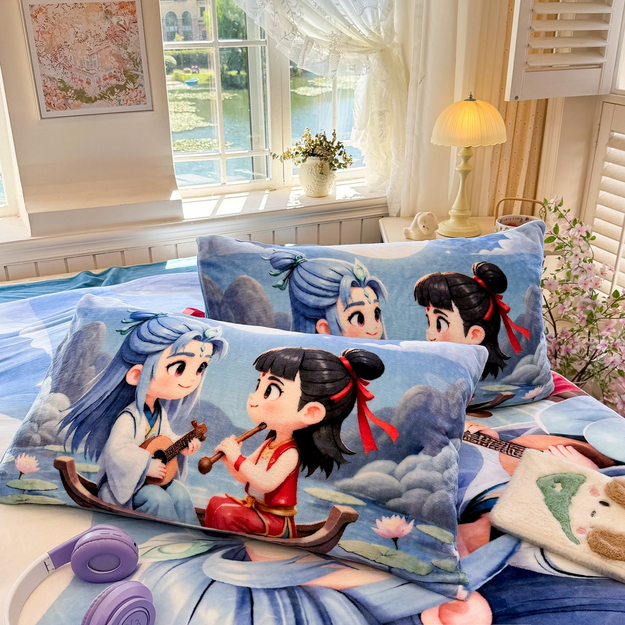 91家纺网 家纺一手货源 找家纺 馨语家居 2025新款直播热款高克重保暖卡通牛奶绒印花四件套 漂流哪吒