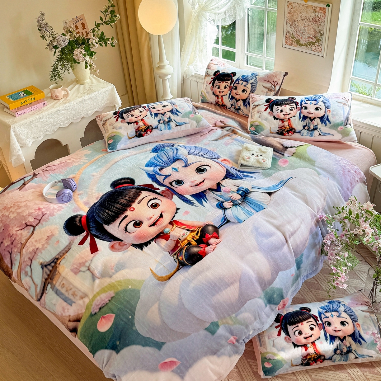 91家纺网 家纺一手货源 找家纺 馨语家居 2025新款直播热款高克重保暖卡通牛奶绒印花四件套 腾云哪吒